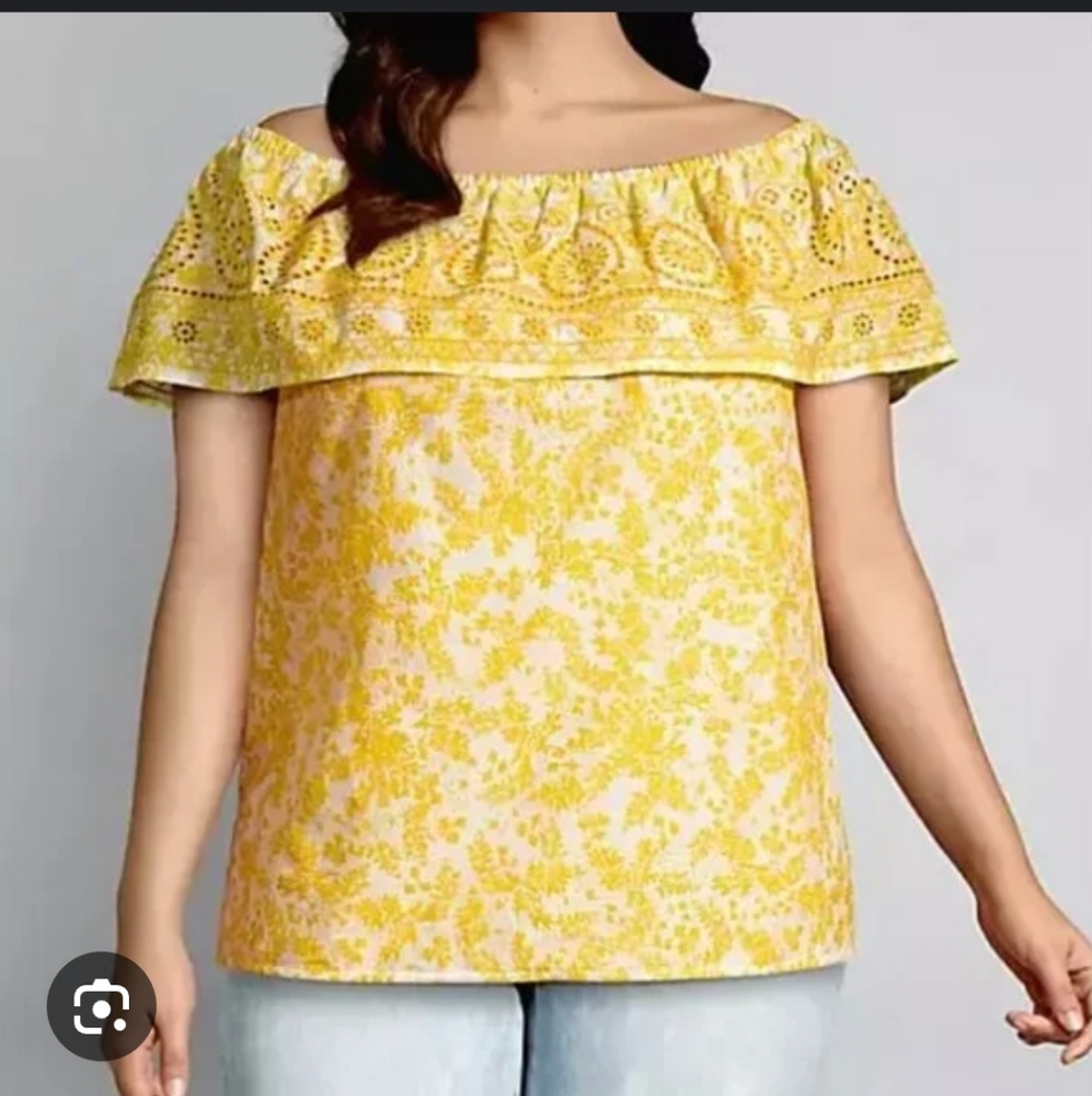 Lane Bryant Yellow Cotton Lace Floral Off The Shoulder Blouse, 18-20, 2x